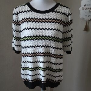 Adrianna Papell Chevron Short Sleeve Top - Black, White, Green, Brown